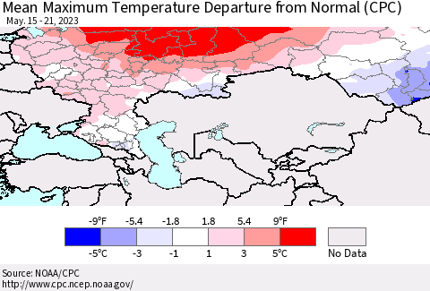 Russian Federation Mean Maximum Temperature Departure from Normal (CPC) Thematic Map For 5/15/2023 - 5/21/2023