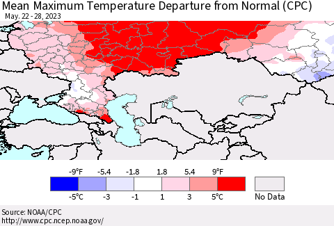 Russian Federation Mean Maximum Temperature Departure from Normal (CPC) Thematic Map For 5/22/2023 - 5/28/2023