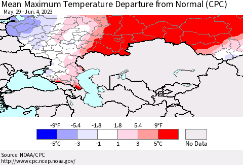 Russian Federation Mean Maximum Temperature Departure from Normal (CPC) Thematic Map For 5/29/2023 - 6/4/2023