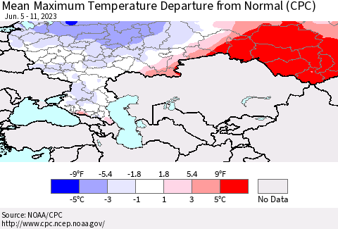 Russian Federation Mean Maximum Temperature Departure from Normal (CPC) Thematic Map For 6/5/2023 - 6/11/2023