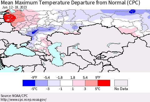 Russian Federation Mean Maximum Temperature Departure from Normal (CPC) Thematic Map For 6/12/2023 - 6/18/2023