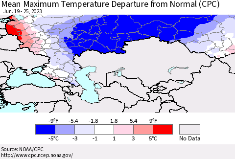 Russian Federation Mean Maximum Temperature Departure from Normal (CPC) Thematic Map For 6/19/2023 - 6/25/2023