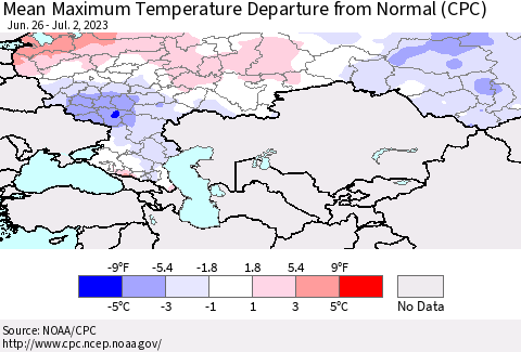 Russian Federation Mean Maximum Temperature Departure from Normal (CPC) Thematic Map For 6/26/2023 - 7/2/2023