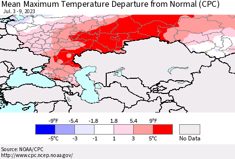 Russian Federation Mean Maximum Temperature Departure from Normal (CPC) Thematic Map For 7/3/2023 - 7/9/2023