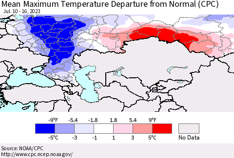 Russian Federation Mean Maximum Temperature Departure from Normal (CPC) Thematic Map For 7/10/2023 - 7/16/2023