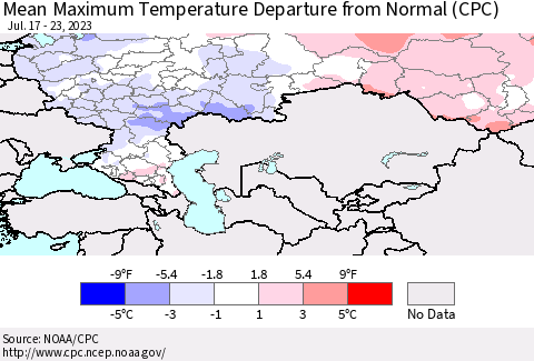 Russian Federation Mean Maximum Temperature Departure from Normal (CPC) Thematic Map For 7/17/2023 - 7/23/2023