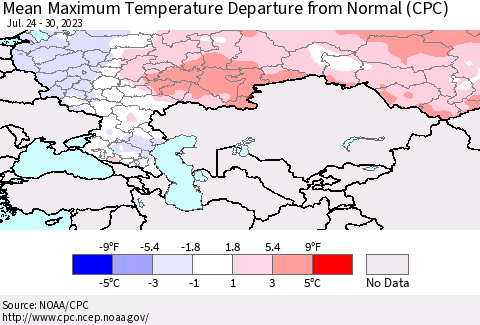 Russian Federation Mean Maximum Temperature Departure from Normal (CPC) Thematic Map For 7/24/2023 - 7/30/2023