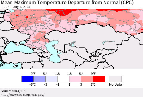Russian Federation Mean Maximum Temperature Departure from Normal (CPC) Thematic Map For 7/31/2023 - 8/6/2023