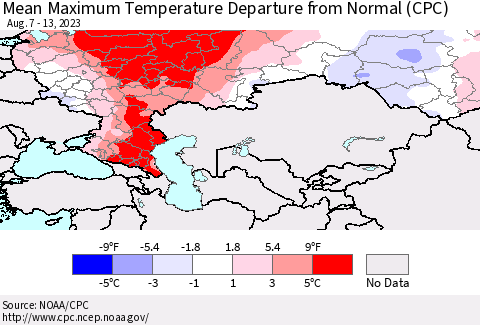 Russian Federation Mean Maximum Temperature Departure from Normal (CPC) Thematic Map For 8/7/2023 - 8/13/2023