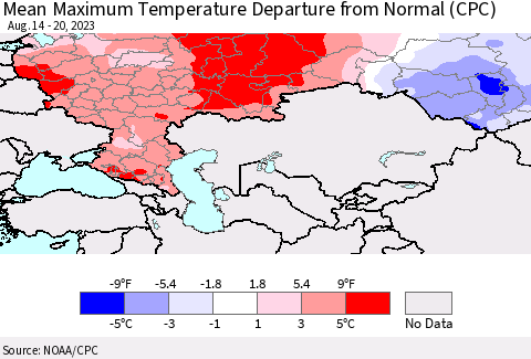 Russian Federation Mean Maximum Temperature Departure from Normal (CPC) Thematic Map For 8/14/2023 - 8/20/2023