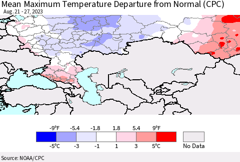 Russian Federation Mean Maximum Temperature Departure from Normal (CPC) Thematic Map For 8/21/2023 - 8/27/2023