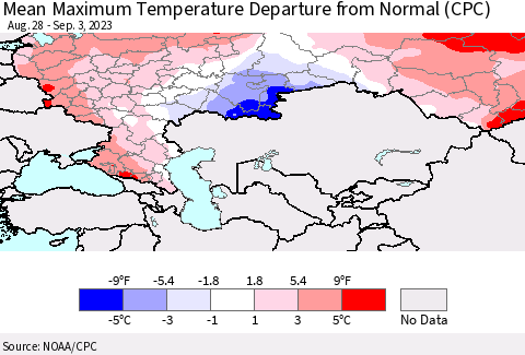 Russian Federation Mean Maximum Temperature Departure from Normal (CPC) Thematic Map For 8/28/2023 - 9/3/2023