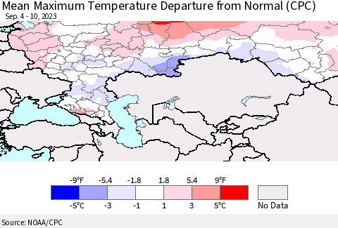 Russian Federation Mean Maximum Temperature Departure from Normal (CPC) Thematic Map For 9/4/2023 - 9/10/2023