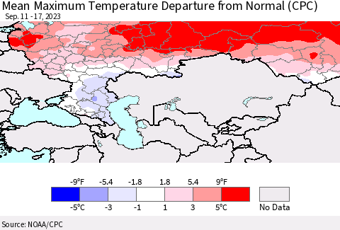 Russian Federation Mean Maximum Temperature Departure from Normal (CPC) Thematic Map For 9/11/2023 - 9/17/2023