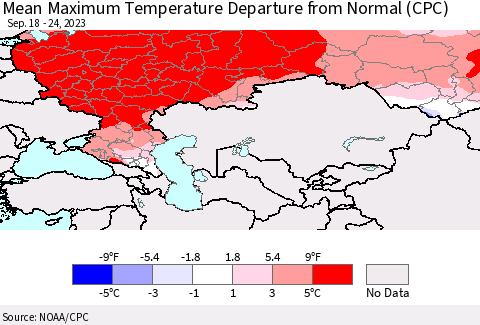Russian Federation Mean Maximum Temperature Departure from Normal (CPC) Thematic Map For 9/18/2023 - 9/24/2023