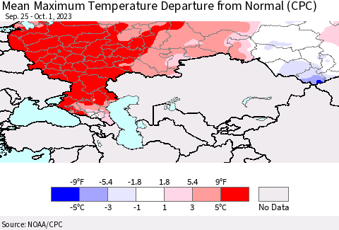 Russian Federation Mean Maximum Temperature Departure from Normal (CPC) Thematic Map For 9/25/2023 - 10/1/2023