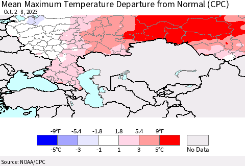 Russian Federation Mean Maximum Temperature Departure from Normal (CPC) Thematic Map For 10/2/2023 - 10/8/2023
