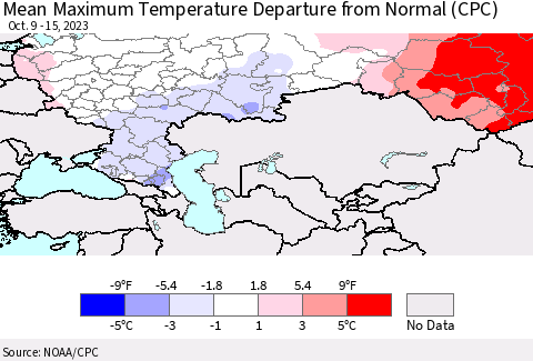 Russian Federation Mean Maximum Temperature Departure from Normal (CPC) Thematic Map For 10/9/2023 - 10/15/2023
