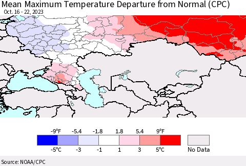 Russian Federation Mean Maximum Temperature Departure from Normal (CPC) Thematic Map For 10/16/2023 - 10/22/2023
