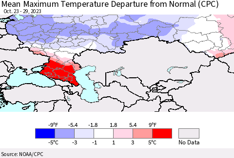 Russian Federation Mean Maximum Temperature Departure from Normal (CPC) Thematic Map For 10/23/2023 - 10/29/2023