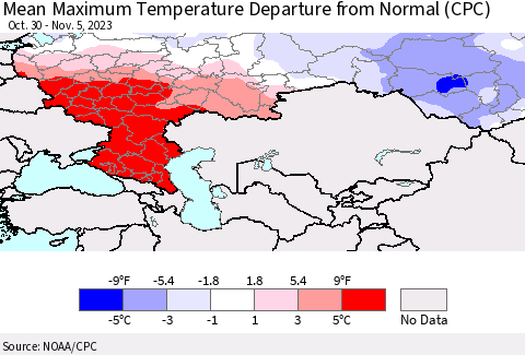 Russian Federation Mean Maximum Temperature Departure from Normal (CPC) Thematic Map For 10/30/2023 - 11/5/2023