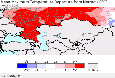 Russian Federation Mean Maximum Temperature Departure from Normal (CPC) Thematic Map For 11/6/2023 - 11/12/2023