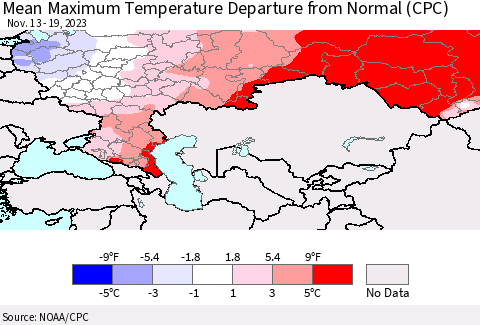 Russian Federation Mean Maximum Temperature Departure from Normal (CPC) Thematic Map For 11/13/2023 - 11/19/2023