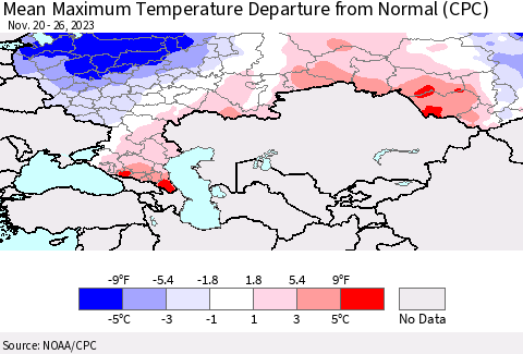 Russian Federation Mean Maximum Temperature Departure from Normal (CPC) Thematic Map For 11/20/2023 - 11/26/2023