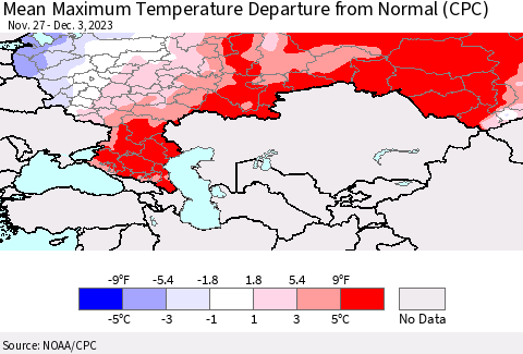 Russian Federation Mean Maximum Temperature Departure from Normal (CPC) Thematic Map For 11/27/2023 - 12/3/2023