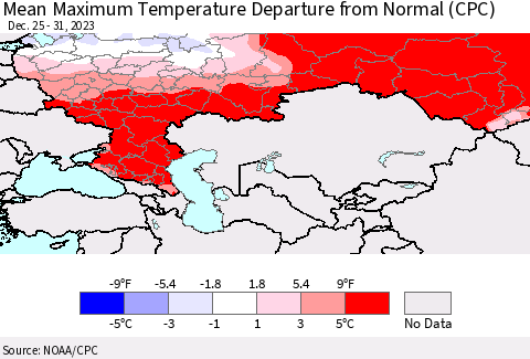 Russian Federation Mean Maximum Temperature Departure from Normal (CPC) Thematic Map For 12/25/2023 - 12/31/2023