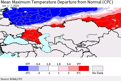 Russian Federation Mean Maximum Temperature Departure from Normal (CPC) Thematic Map For 1/1/2024 - 1/7/2024