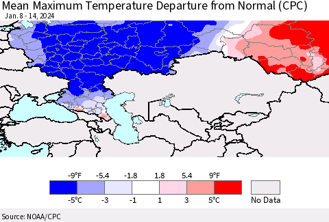 Russian Federation Mean Maximum Temperature Departure from Normal (CPC) Thematic Map For 1/8/2024 - 1/14/2024