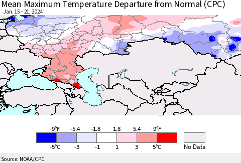 Russian Federation Mean Maximum Temperature Departure from Normal (CPC) Thematic Map For 1/15/2024 - 1/21/2024