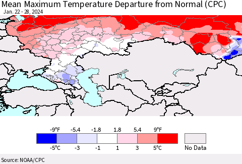 Russian Federation Mean Maximum Temperature Departure from Normal (CPC) Thematic Map For 1/22/2024 - 1/28/2024