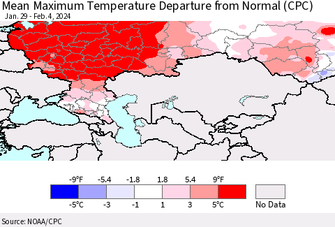 Russian Federation Mean Maximum Temperature Departure from Normal (CPC) Thematic Map For 1/29/2024 - 2/4/2024