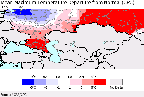 Russian Federation Mean Maximum Temperature Departure from Normal (CPC) Thematic Map For 2/5/2024 - 2/11/2024