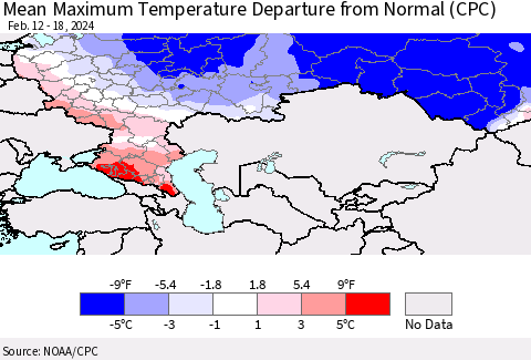 Russian Federation Mean Maximum Temperature Departure from Normal (CPC) Thematic Map For 2/12/2024 - 2/18/2024
