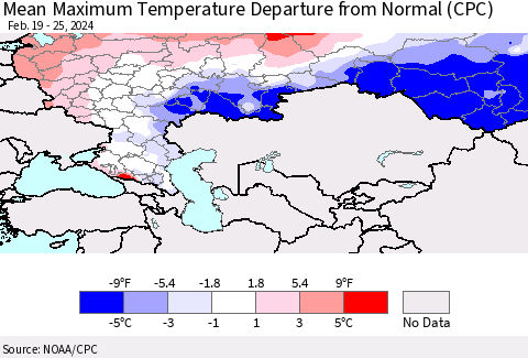 Russian Federation Mean Maximum Temperature Departure from Normal (CPC) Thematic Map For 2/19/2024 - 2/25/2024