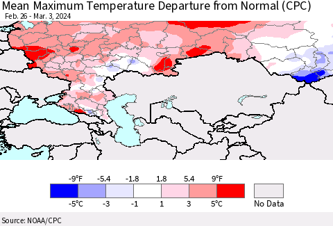 Russian Federation Mean Maximum Temperature Departure from Normal (CPC) Thematic Map For 2/26/2024 - 3/3/2024