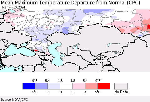 Russian Federation Mean Maximum Temperature Departure from Normal (CPC) Thematic Map For 3/4/2024 - 3/10/2024
