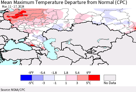 Russian Federation Mean Maximum Temperature Departure from Normal (CPC) Thematic Map For 3/11/2024 - 3/17/2024