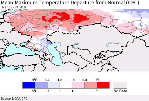 Russian Federation Mean Maximum Temperature Departure from Normal (CPC) Thematic Map For 3/18/2024 - 3/24/2024