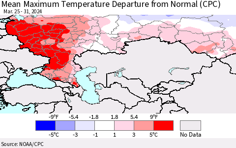 Russian Federation Mean Maximum Temperature Departure from Normal (CPC) Thematic Map For 3/25/2024 - 3/31/2024
