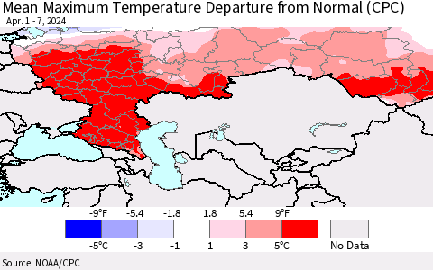 Russian Federation Mean Maximum Temperature Departure from Normal (CPC) Thematic Map For 4/1/2024 - 4/7/2024