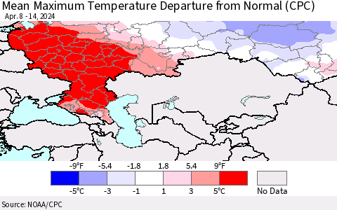 Russian Federation Mean Maximum Temperature Departure from Normal (CPC) Thematic Map For 4/8/2024 - 4/14/2024
