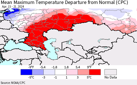 Russian Federation Mean Maximum Temperature Departure from Normal (CPC) Thematic Map For 4/15/2024 - 4/21/2024