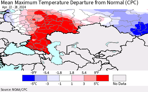 Russian Federation Mean Maximum Temperature Departure from Normal (CPC) Thematic Map For 4/22/2024 - 4/28/2024