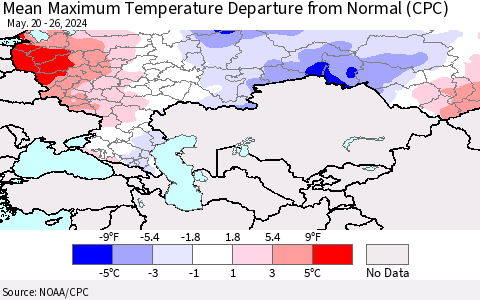 Russian Federation Mean Maximum Temperature Departure from Normal (CPC) Thematic Map For 5/20/2024 - 5/26/2024