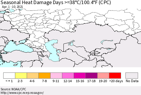 Russian Federation Seasonal Heat Damage Days >=38°C/100°F (CPC) Thematic Map For 4/1/2021 - 4/10/2021