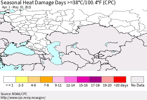 Russian Federation Seasonal Heat Damage Days >=38°C/100°F (CPC) Thematic Map For 4/1/2021 - 5/10/2021